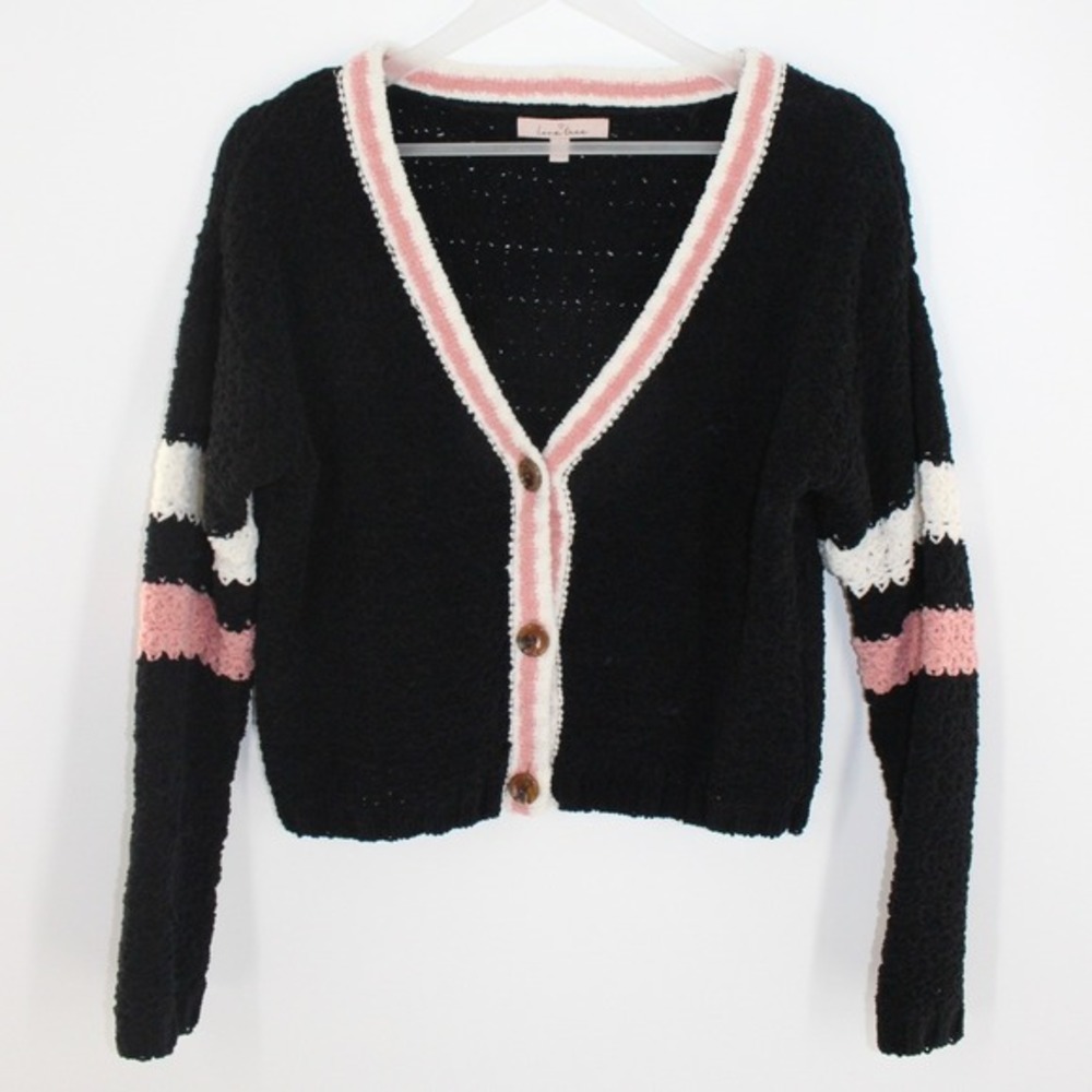 Love Tree Cardigan Popcorn Knit Striped Cropped‎ Size S Black Pink White